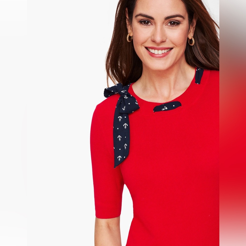 Talbots Women's Scarf Tie Sweater Nautical Anchor Red Blue Shirt Sleeved SPetite